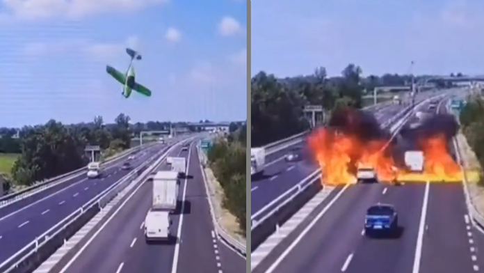 VIDEO: Na diaľnicu v Taliansku sa zrútilo lietadlo. Stroj sa po strmhlavom páde zmenil na ohnivú guľu