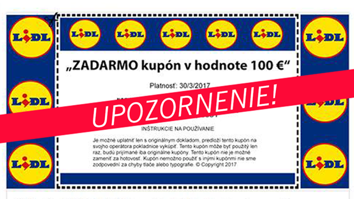 Falošný kupón s logom spoločnosti Lidl.