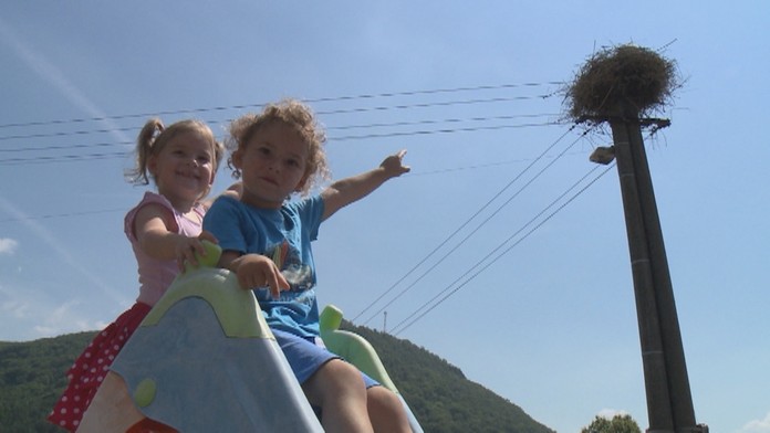 Malí súrodenci sa tešia z bocianích susedov.