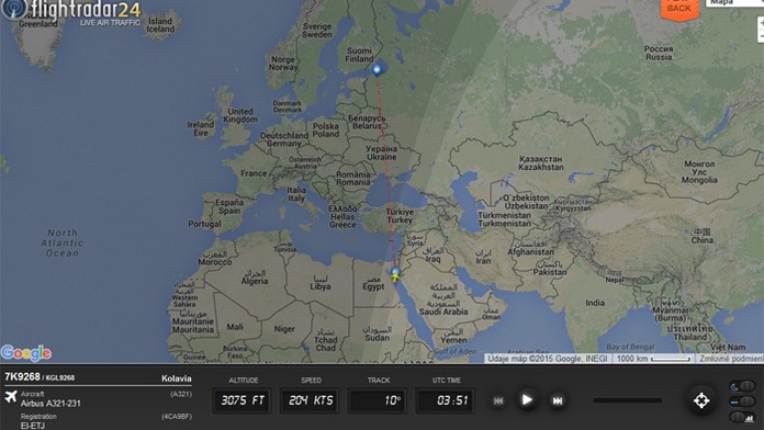 Mapa trasy lietadla Airbus A321-231, ktoré sa zrútilo v Egypte.