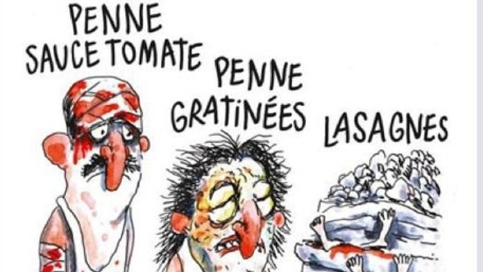 Charlie Hebdo rozhorčil Talianov karikatúrou obetí zemetrasenia. Telá trčia z lasagní