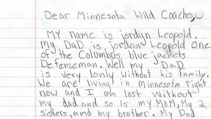 Tento list poslala malá dcéra šéfom Minnesoty Wild.