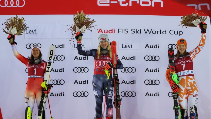 Slovenská lyžiarka Petra Vlhová, Američanka Mikaela Shiffrinová a Švajčiarka Wendy Holdenerová na pódiu po slalome vo fínskom Levi.