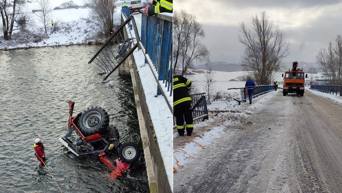 Traktor sa po zrážke s kamiónom zrútil do Váhu, vodič skončil v nemocnici