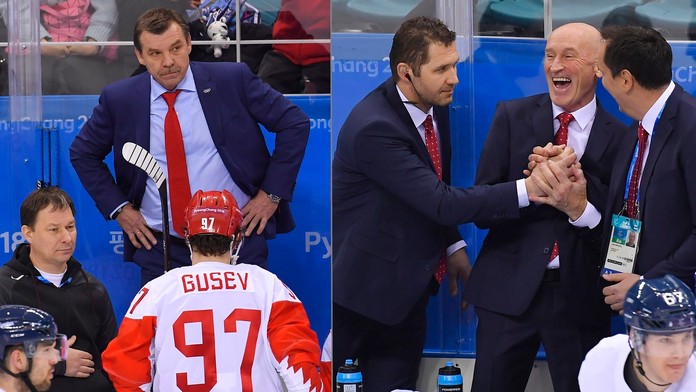 Radosť slovenských hráčov po víťazstve v zápase s Olympijskými športovcami z Ruska na ZOH 2018.