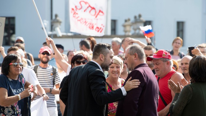 Na snímke počas protestu predseda ĽSNS Marian Kotleba a poslanec Ľuboš Blaha