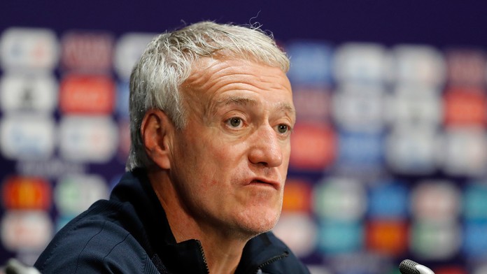 Kouč Francúzska Didier Deschamps na tlačovej konferencii pred finále MS 2018.