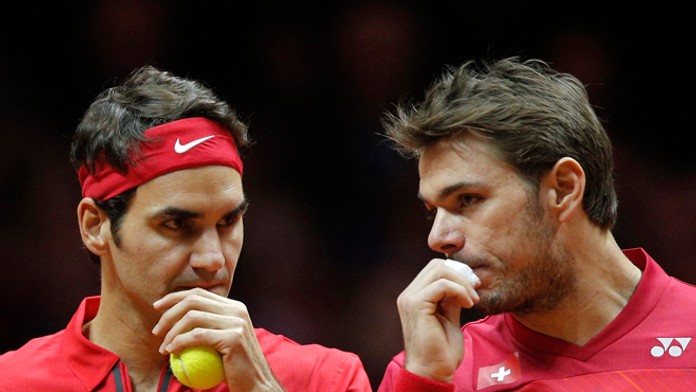 Roger Federer a Stanislas Wawrinka počas finálovej štvorhry na DC.