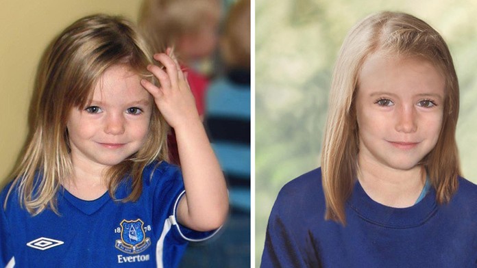 Na kombosnímke vľavo trojročná Madeine McCannová a vpravo upravená počítačová fotografia, ako by vyzerala teraz.