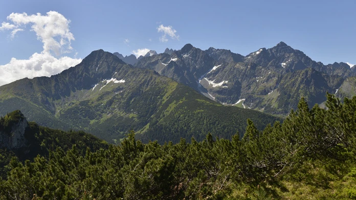 Ranné Tatry zo Zadných Meďodolov, v strednom vľavo je Jahňací štít, uprostred Kolový štít a vpravo Ľadový štít.