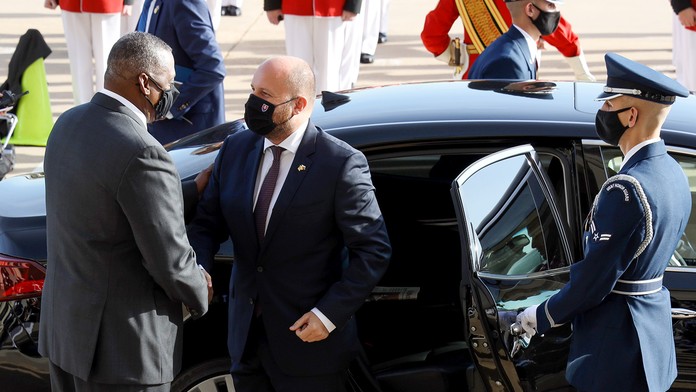 Stretnutie ministra obrany Jaroslava Naďa s jeho americkým rezortným kolegom Lloydom Austinom v Pentagóne.