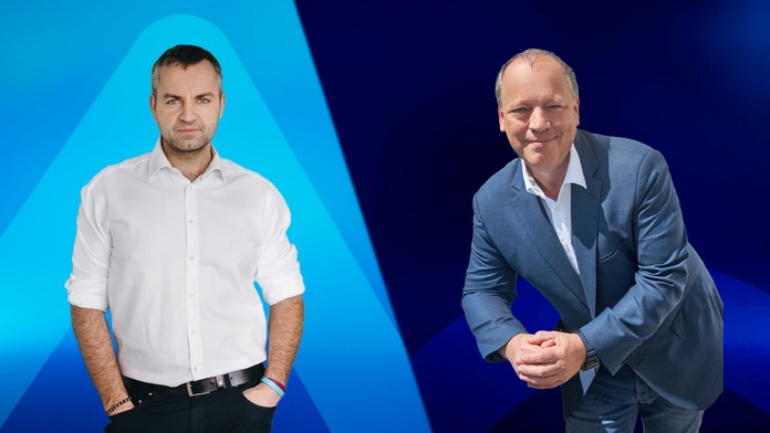 Na snímke nový generálny riaditeľ a konateľ TV Markíza Peter Gažík a Matthias Settele.