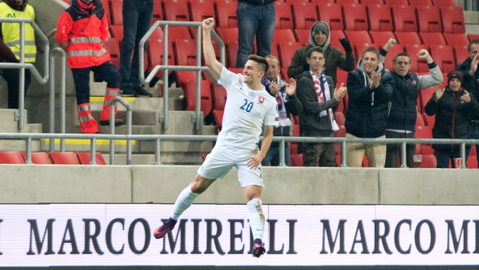 Róbert Mak sa teší po strelení druhého gólu v kvalifikácii MS 2018 v Trnave proti Škótsku.