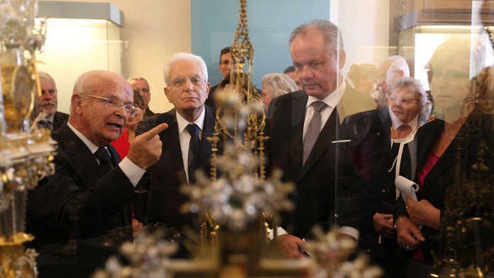 Prezident Andrej Kiska, v strede vľavo prezident Talianskej republiky Sergio Mattarella počas slávnostného otvorenia výstavy Pok