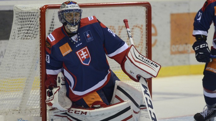 Brankár Július Hudáček v zápase Euro Hockey Challenge 2016 Slovensko - Rusko.