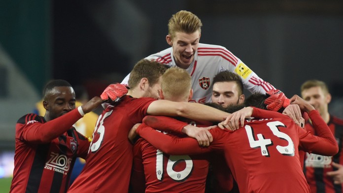 Radosť hráčov Trnavy po góle v pohári proti Dunajskej Strede.