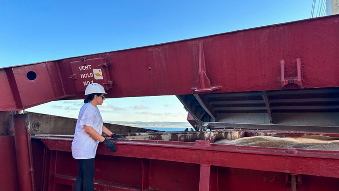 Na snímke zamestnankyňa Spoločného koordinačného centra OSN kontroluje obilie na palube lode.