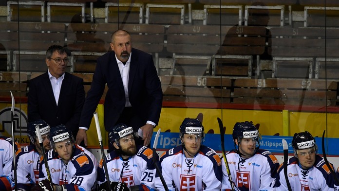 Slovenská striedačka  s trénerom Zdenom Cígerom (vpravo hore) a asistentom Miroslavom Milošovičom (vľavo)