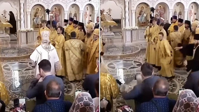 Patriarchu Kirilla zradila svätená voda. Nepríjemný pád na mramorovej podlahe zachytila kamera
