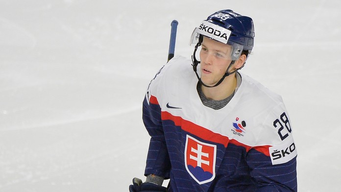 Na snímke brankár Július Hudáček (Slovensko) a  Frederik Storm (Dánsko).