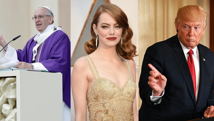 Pápež František (vľavo), Emma Stone (v strede) a Donald Trump (vpravo)