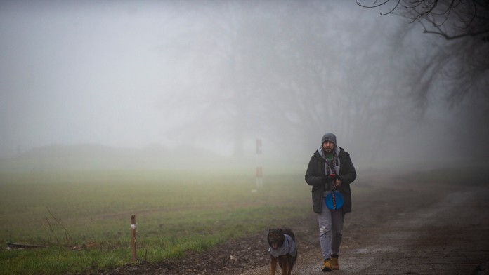 Na snímke pán so psom na prechádzke počas hustej hmly pri Chorvátskom ramene v bratislavskej Petržalke.