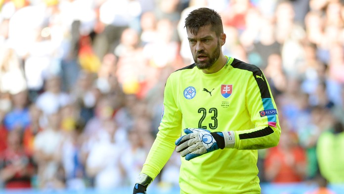 Jednotka seniorskej reprezentácie Matúš Kozáčik počas duelu s Nemeckom na ME.