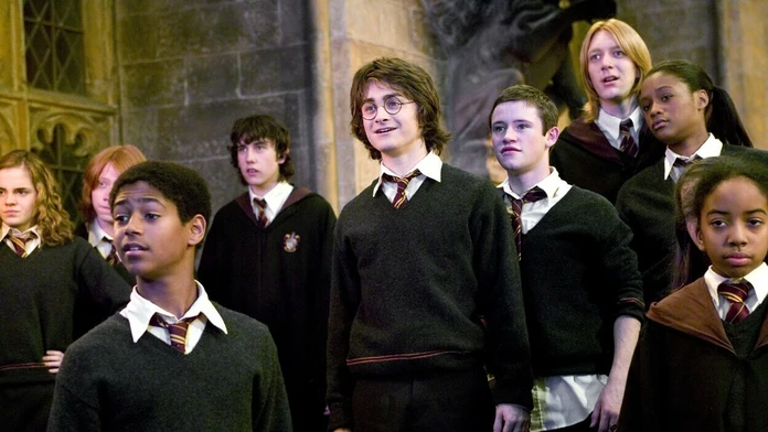 Devon Murray stojac za Danielom Radcliffeom vo filme Harry Potter a Ohnivá čaša