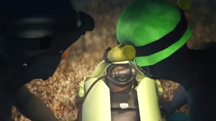 Záber z animácie, ako zachraňovali thajských chlapcov z jaskyne.