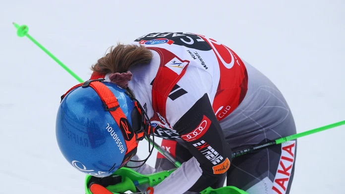 Lyžiarka Petra Vlhová reaguje v cieli po 2. kole slalomu v Lenzerheide.
