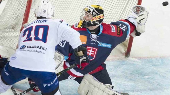 Na snímke vpravo brankár Denis Godla (Slovensko) a vľavo Elit Berthon (Francúzsko) 