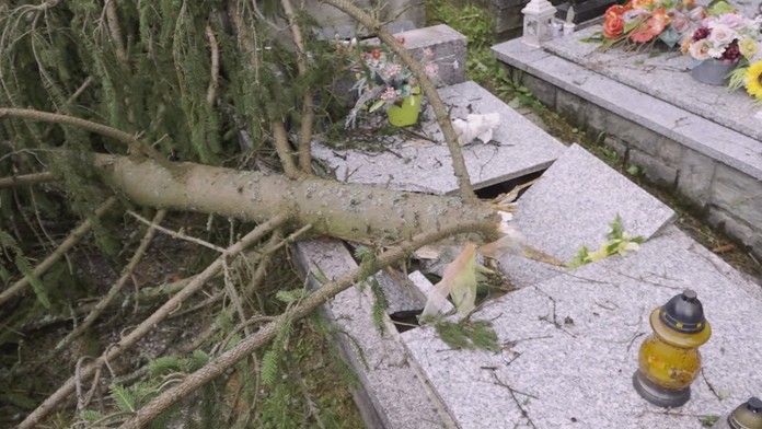 Zničené pomníky a vyvalené stromy.