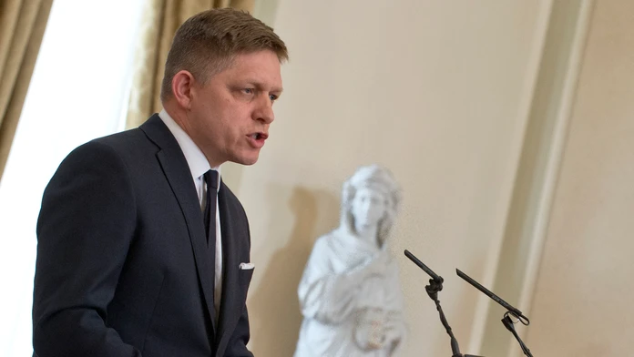 Premiér Robert Fico počas prejavu, v ktorom zhodnotil tri roky pôsobenia vlády