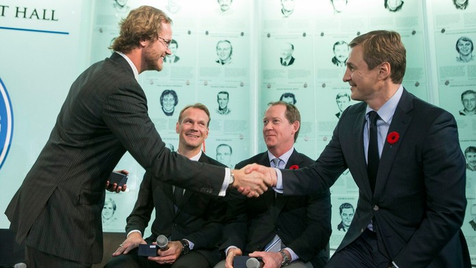 Noví členovia sieňe slávy NHL zľava: Chris Pronger, Nicklas Lidström, Phil Housley, Sergej Fiodorov