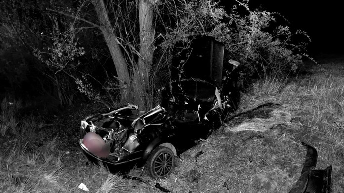 Vozidlo po nehode, prevrátilo sa na strechu a narazilo do stromu. 