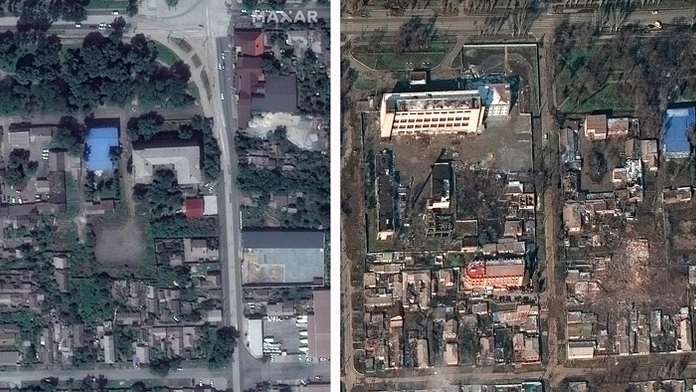 Kombosnímka zo satelitu zachytáva budovy a domy v Mariupole z februára 2022 pred (vľavo) a po (vpravo) ruskej invázii na Ukrajine.