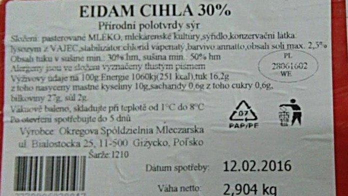 Etiketa syra, ktorý sťahujú z trhu.