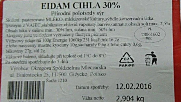 Etiketa syra, ktorý sťahujú z trhu.
