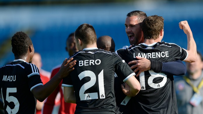 Na snímke gólová radosť hráčov Trenčína (archívna snímka)