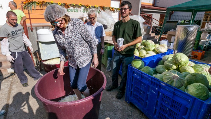 Ministerka Gabriela Matečná šliape kapustu na festivalu Dni zelá v Stupave.
