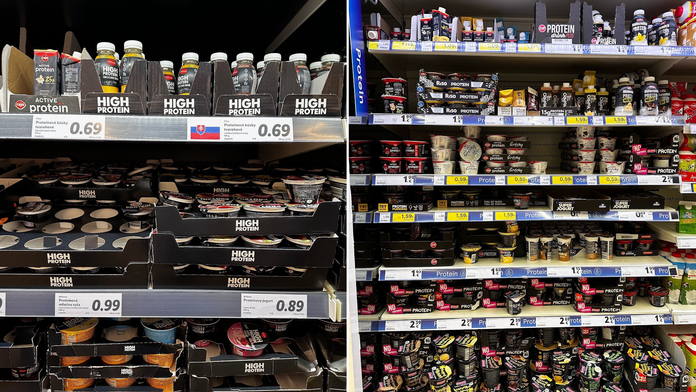 Regály s proteínovými produktami.