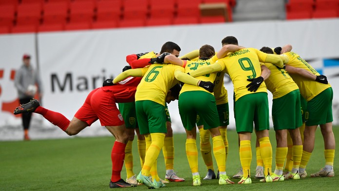 Hráči MŠK Žilina pred zápasom 18. kola Fortuna ligy v Trenčíne.