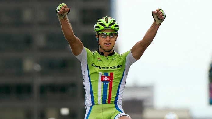 Slovenský cyklista Peter Sagan sa teší z triumfu na pretekoch GP Montreal v kanadskom meste Montreal 15. septembra 2013.