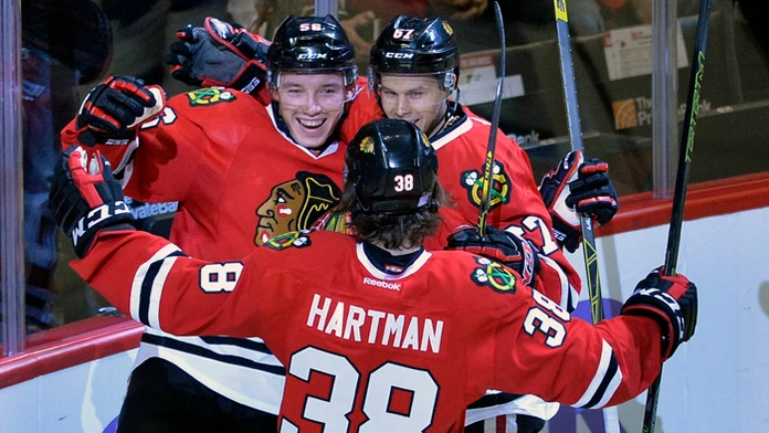 Radosť Marka Daňa po strelení prvého gólu v NHL v tejto sezóne.