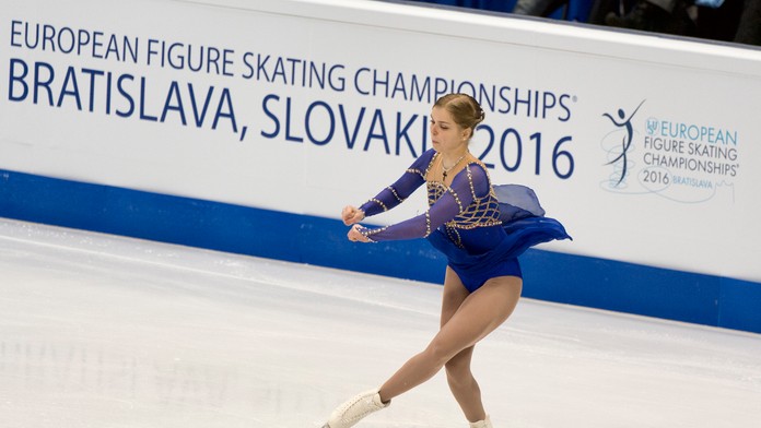 Nicole Rajičová počas krátkeho programu žien na ME v krasokorčuľovaní.