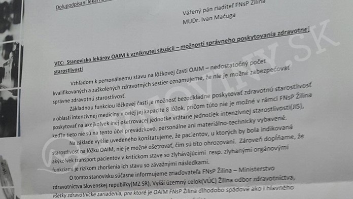 List lekárov riaditeľovi žilinskej nemocnice. (titulné foto)