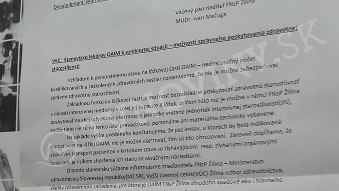 List lekárov riaditeľovi žilinskej nemocnice. (titulné foto)