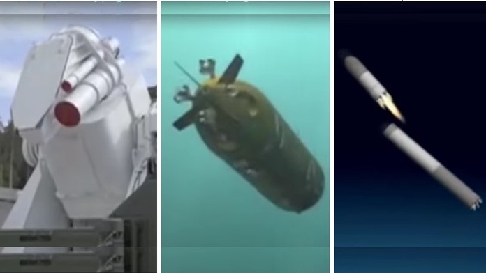 Ruské zbraňové systémy Peresvet, Poseidon a Burevestnik.