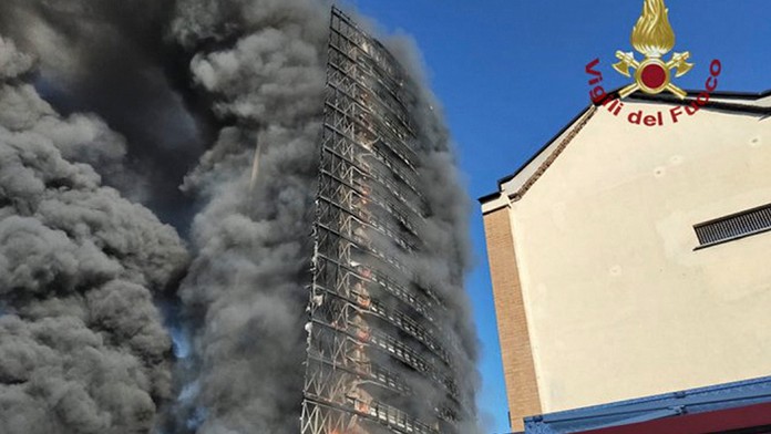 Požiar 16-poschodovej obytnej budovy v Taliansku.