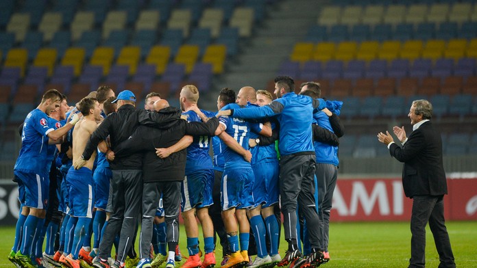 Radosť slovenských futbalistov po víťazstve nad Bieloruskom.